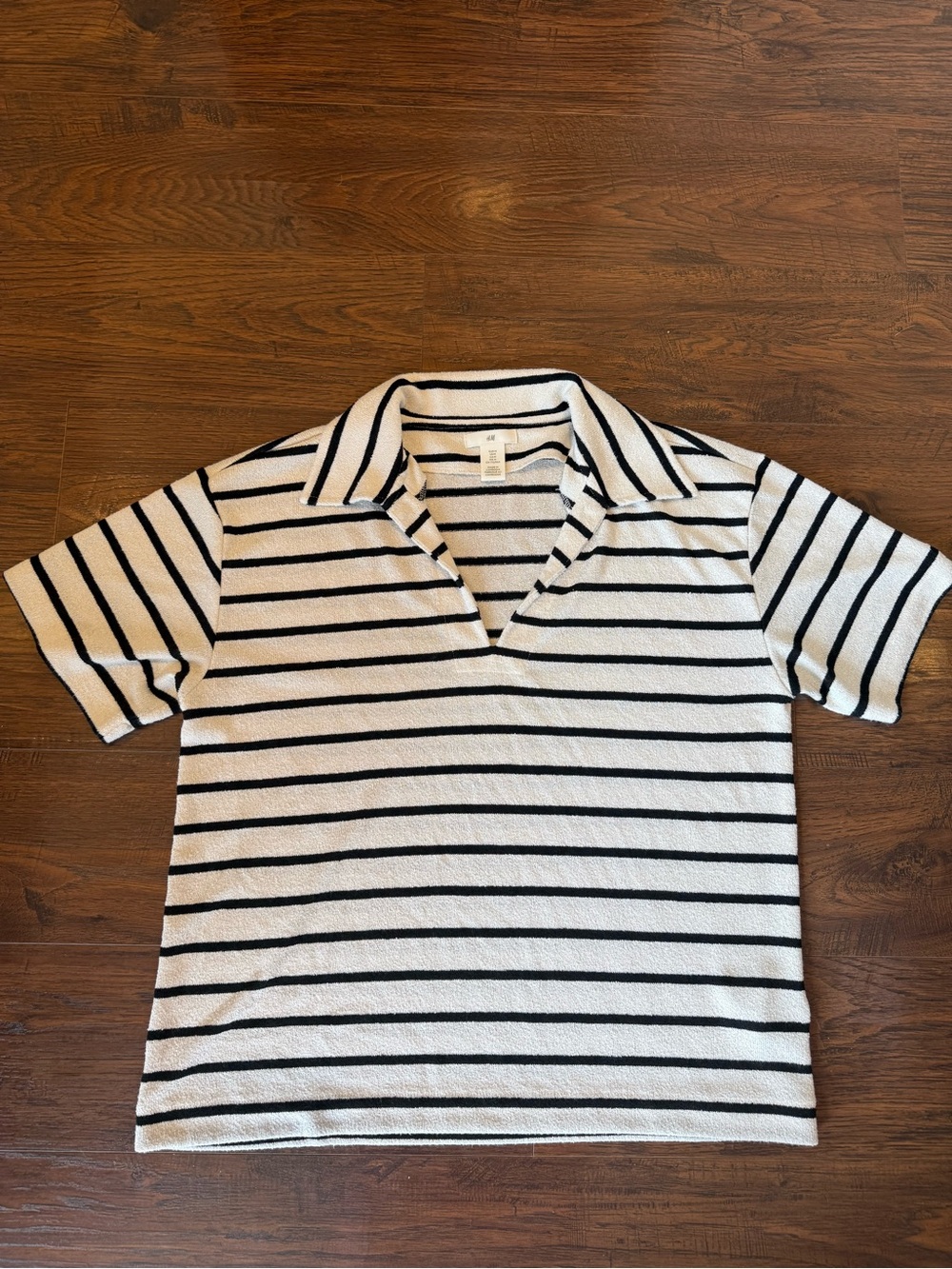 H&M Black and Cream Striped Terry Cloth Polo Top